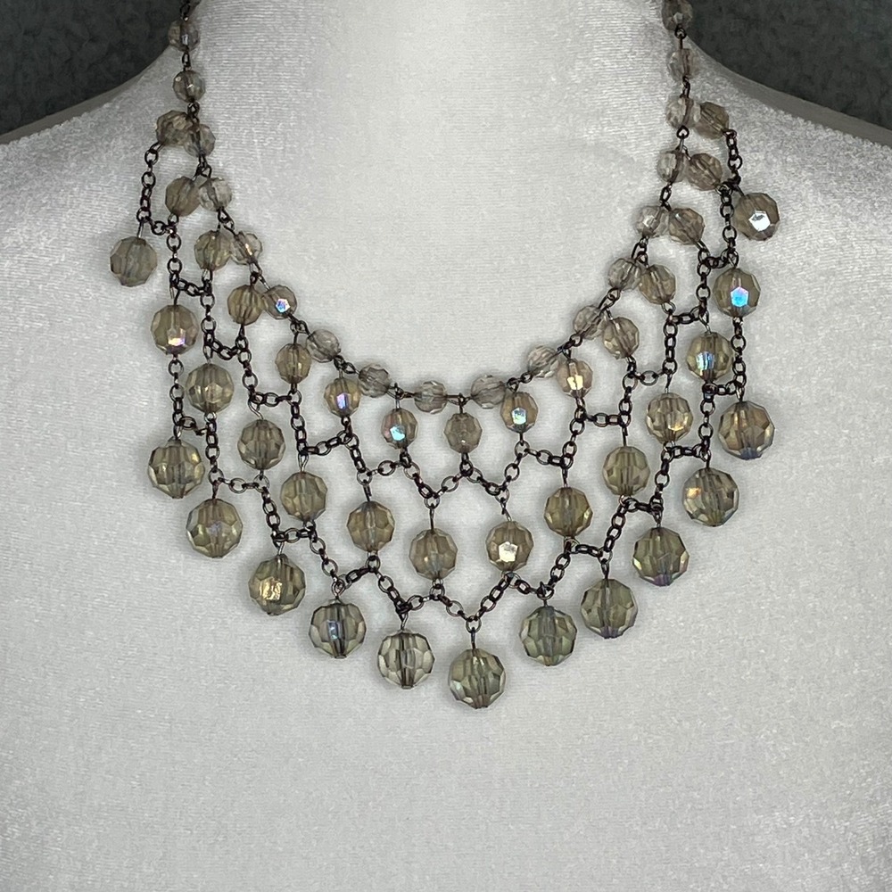 Faceted AB Glass Festoon Bib Necklace Gray Gunmetal Goth Glam Coquette Victorian